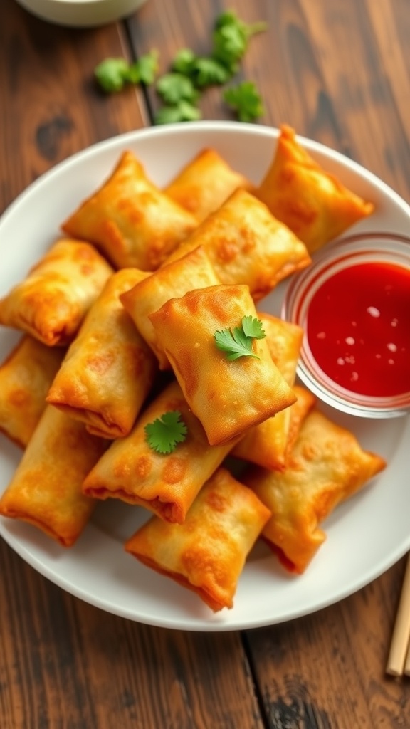 Crispy cabbage egg rolls served with sweet and sour sauce on a rustic table.